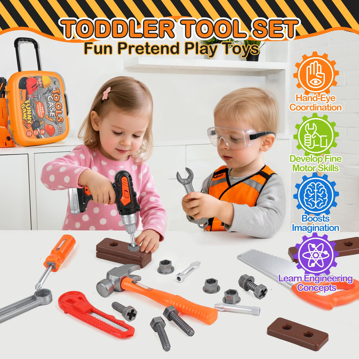 ZHYLLO Toddler Tool Set Toolbox keeps all accessories organized during play sessions.