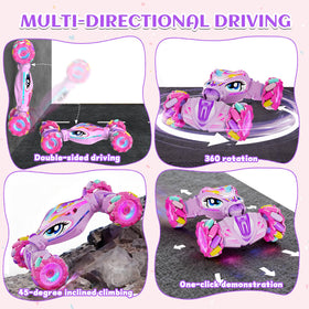 ZHYLLO unicorn RC car performs 360 rotation for thrilling stunts.