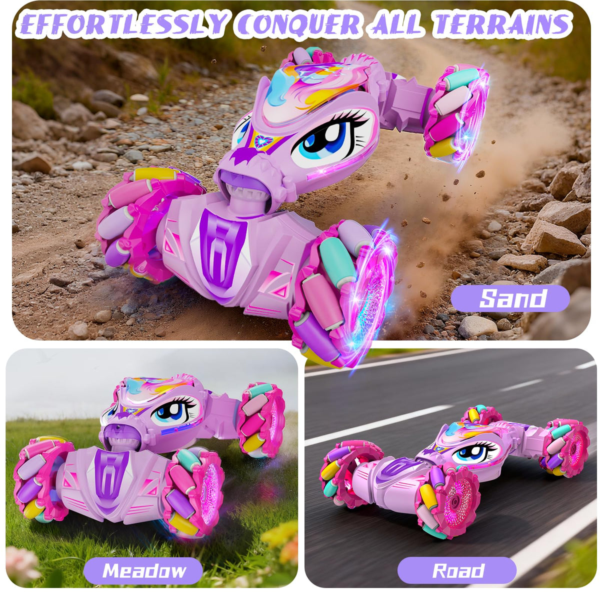 ZHYLLO unicorn RC car dual batteries extend play sessions.