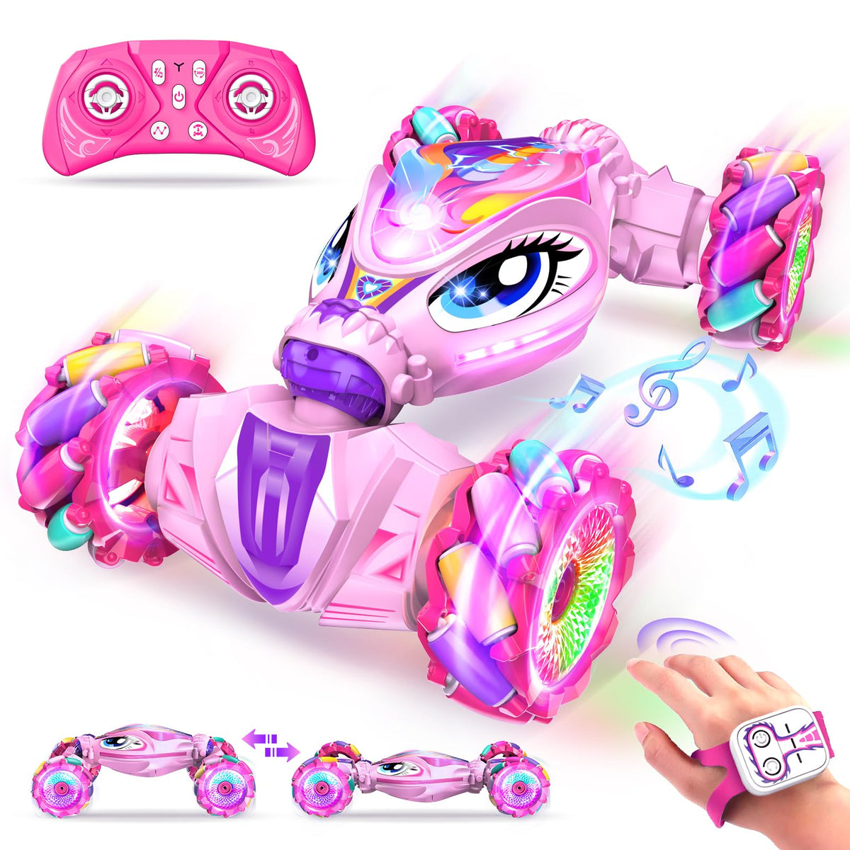 ZHYLLO unicorn RC car pink front lights for exciting playtime.