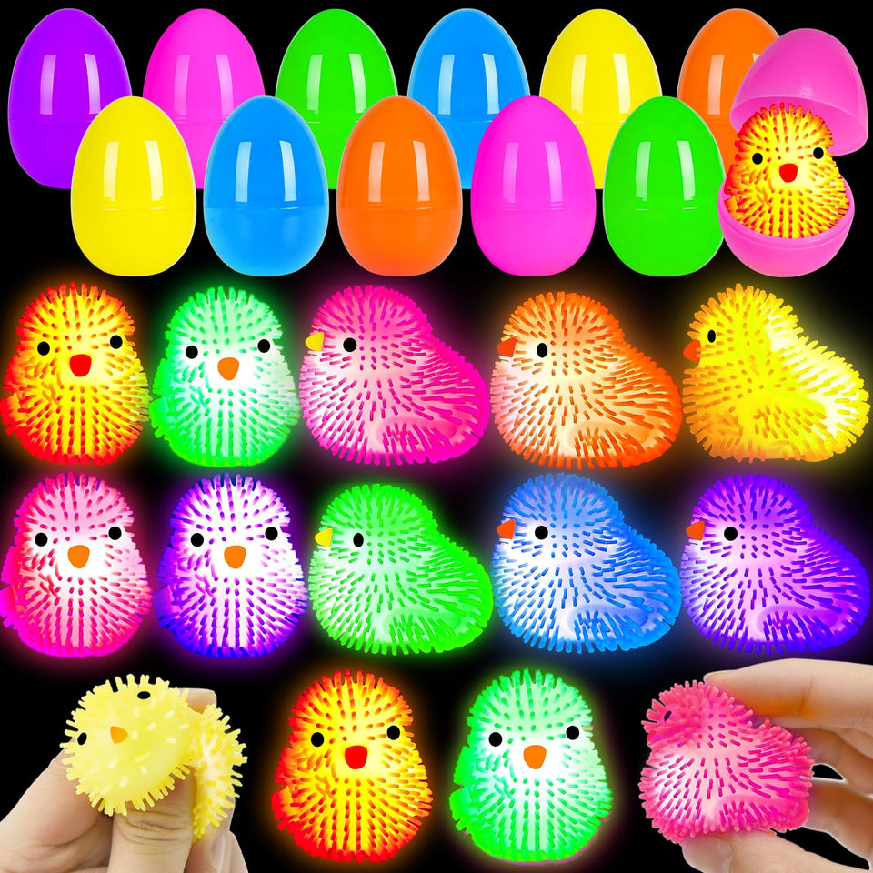 ZICZLI twelve-pack Easter eggs with LED chick puffer balls for festive hunts.