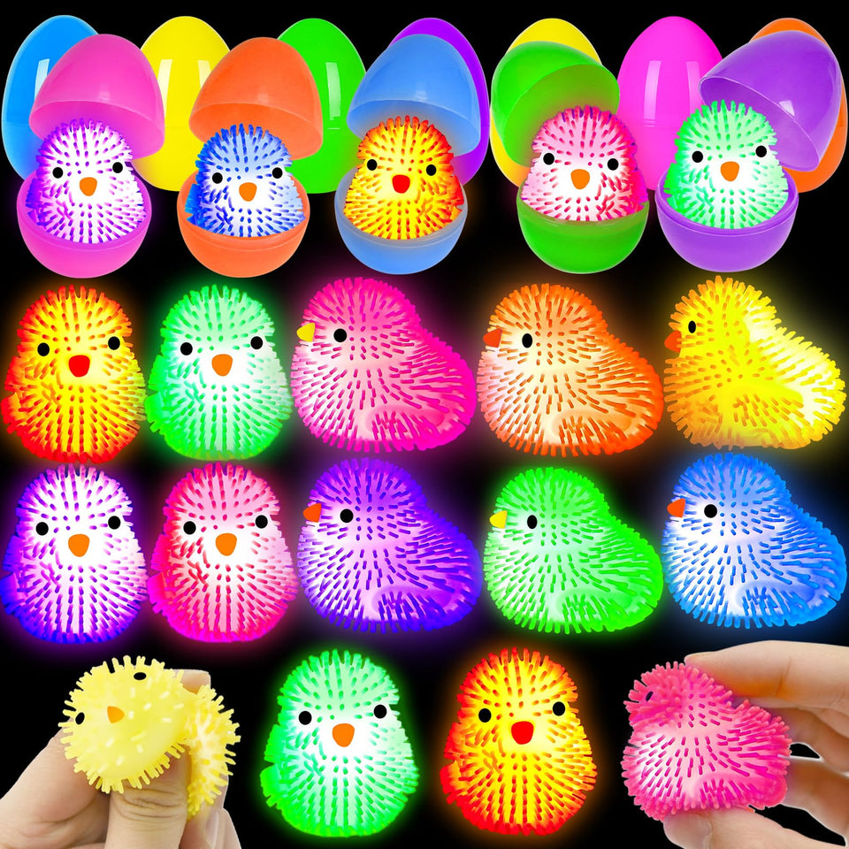 ZICZLI 18-pack Easter egg fillers with LED chick puffer balls for Easter baskets.