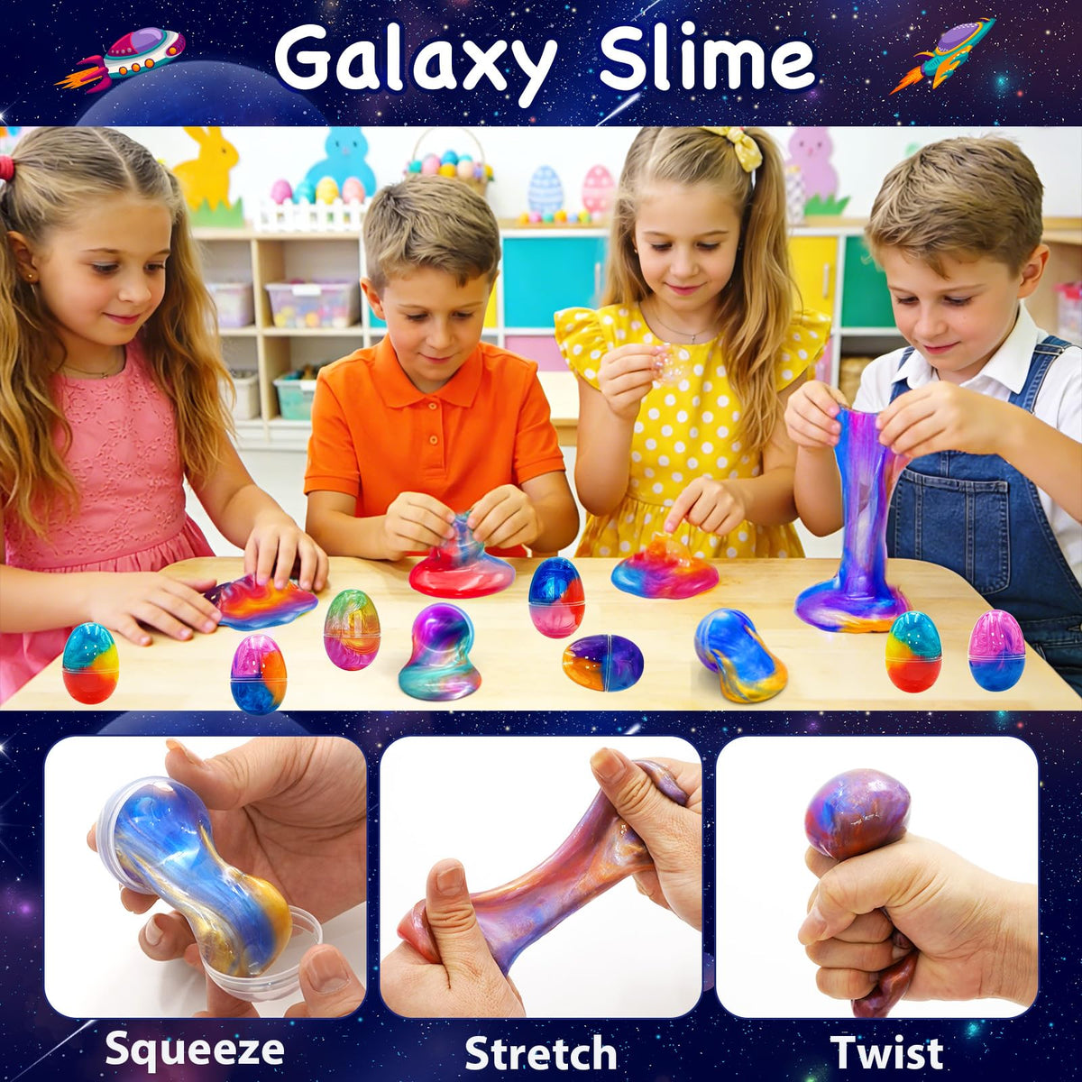 ZICZLI Galaxy slime inside eggs with soft, stretchy texture.