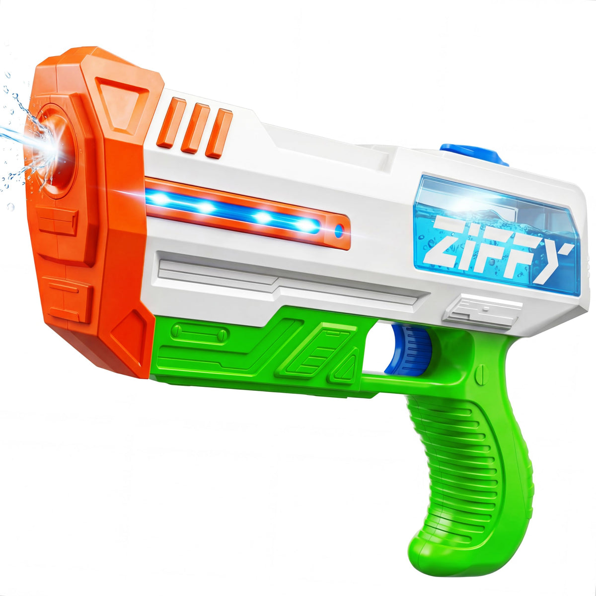 ZIFFY electric water gun with LED lights brightens dusk pool party fun.