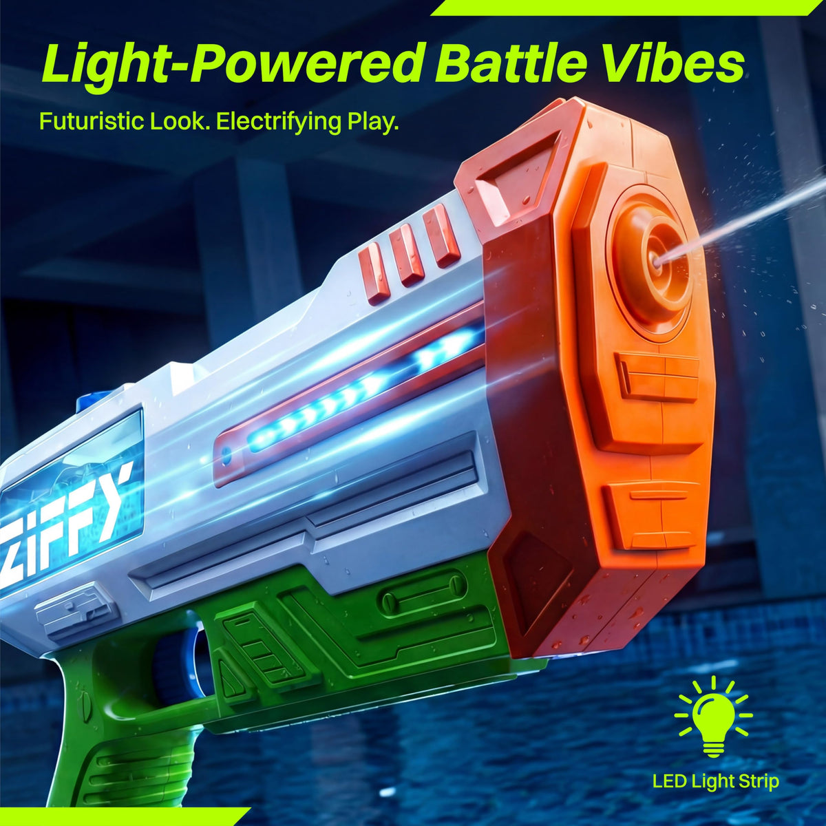 ZIFFY LED water blaster with long-range action for outdoor battles.