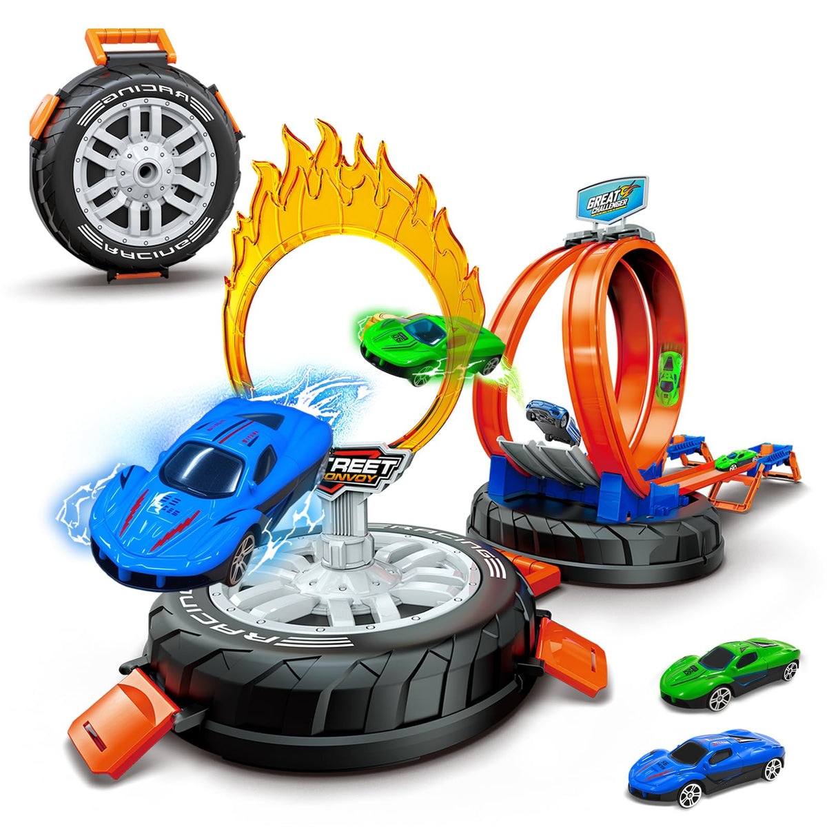 Zikhoobusik race car track set folds into tire storage for easy transport