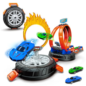 Zikhoobusik race car track set folds into tire storage for easy transport