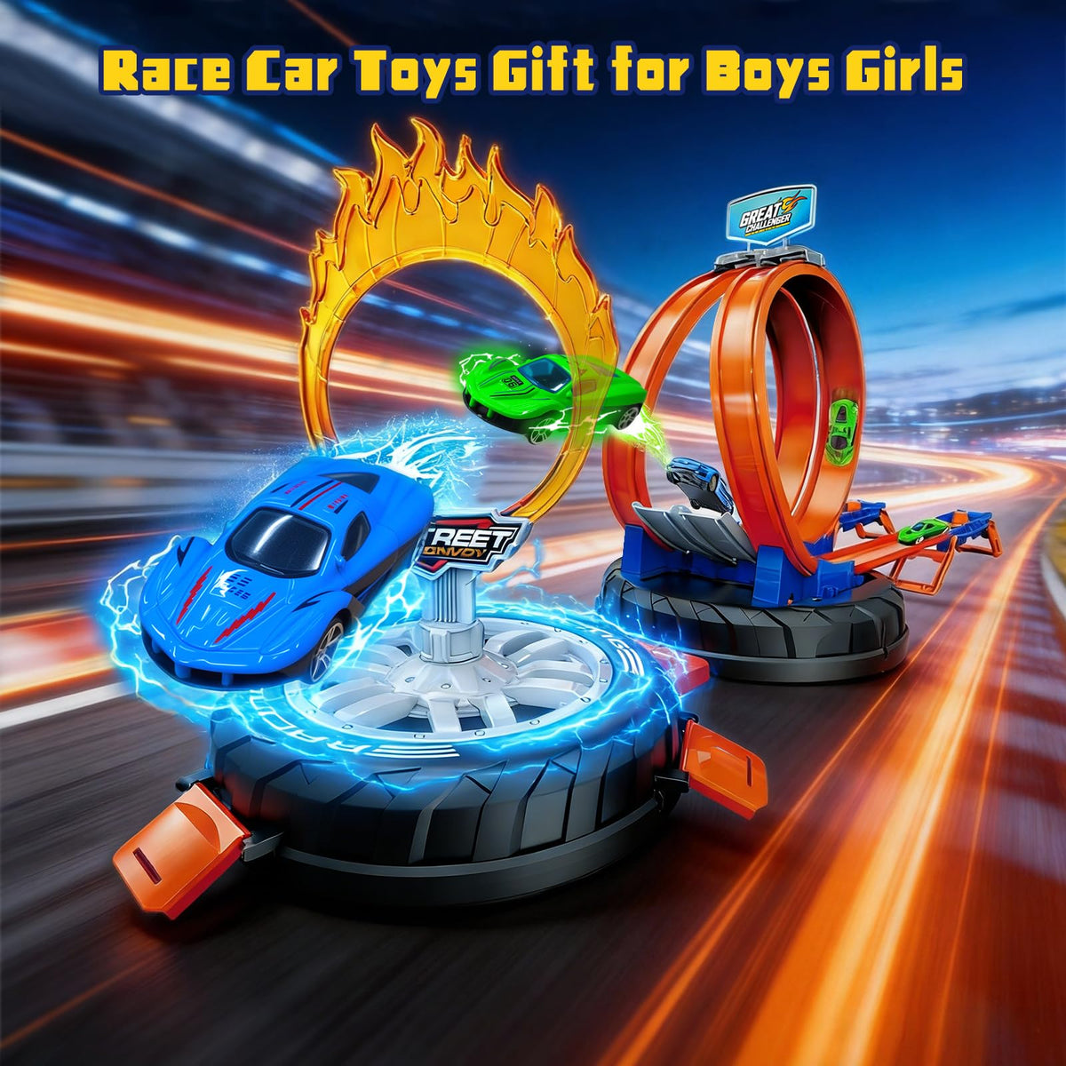 Zikhoobusik portable handle on the race car track set enables on-the-go play