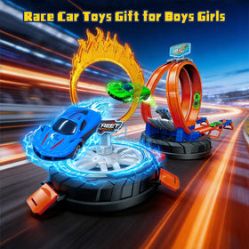 Zikhoobusik portable handle on the race car track set enables on-the-go play