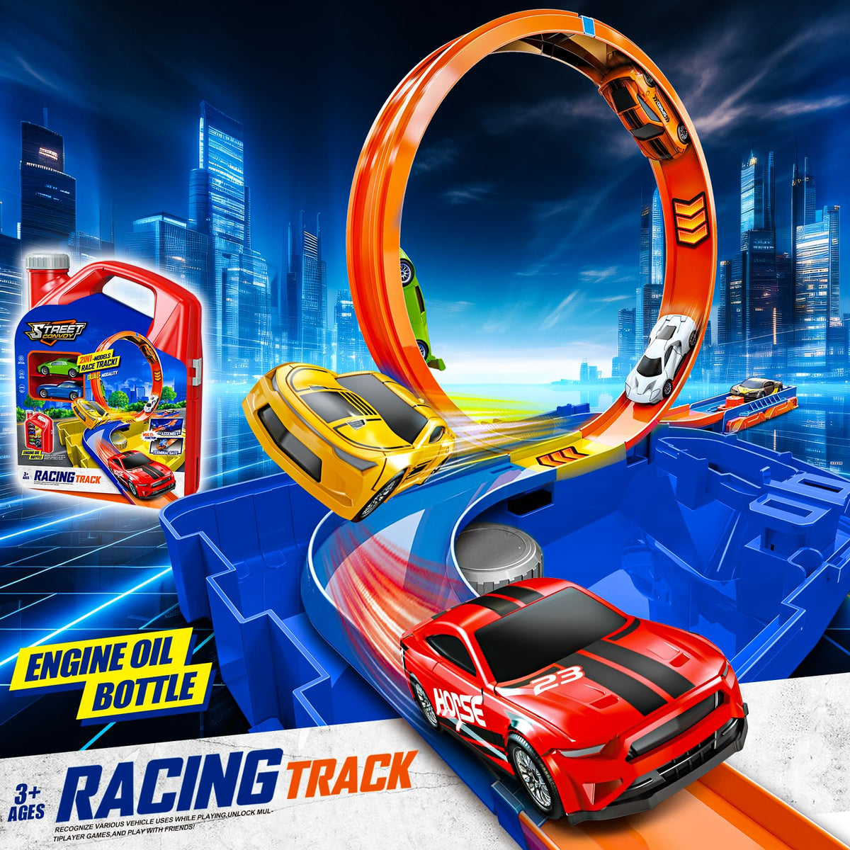 Zikhoobusik race cars duo speed around blue tracks for thrilling racing.