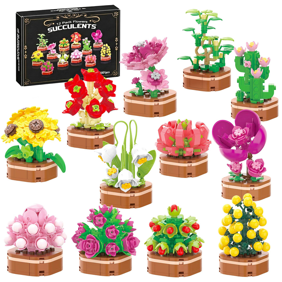 Zinat 12-pack flower succulent building blocks set displays vibrant models for desk decor.