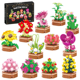 Zinat 12-pack flower succulent building blocks set displays vibrant models for desk decor.