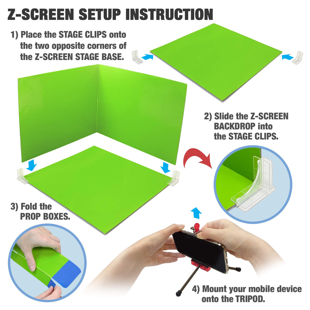 Zing Klikbot green screen stage for versatile backdrop options