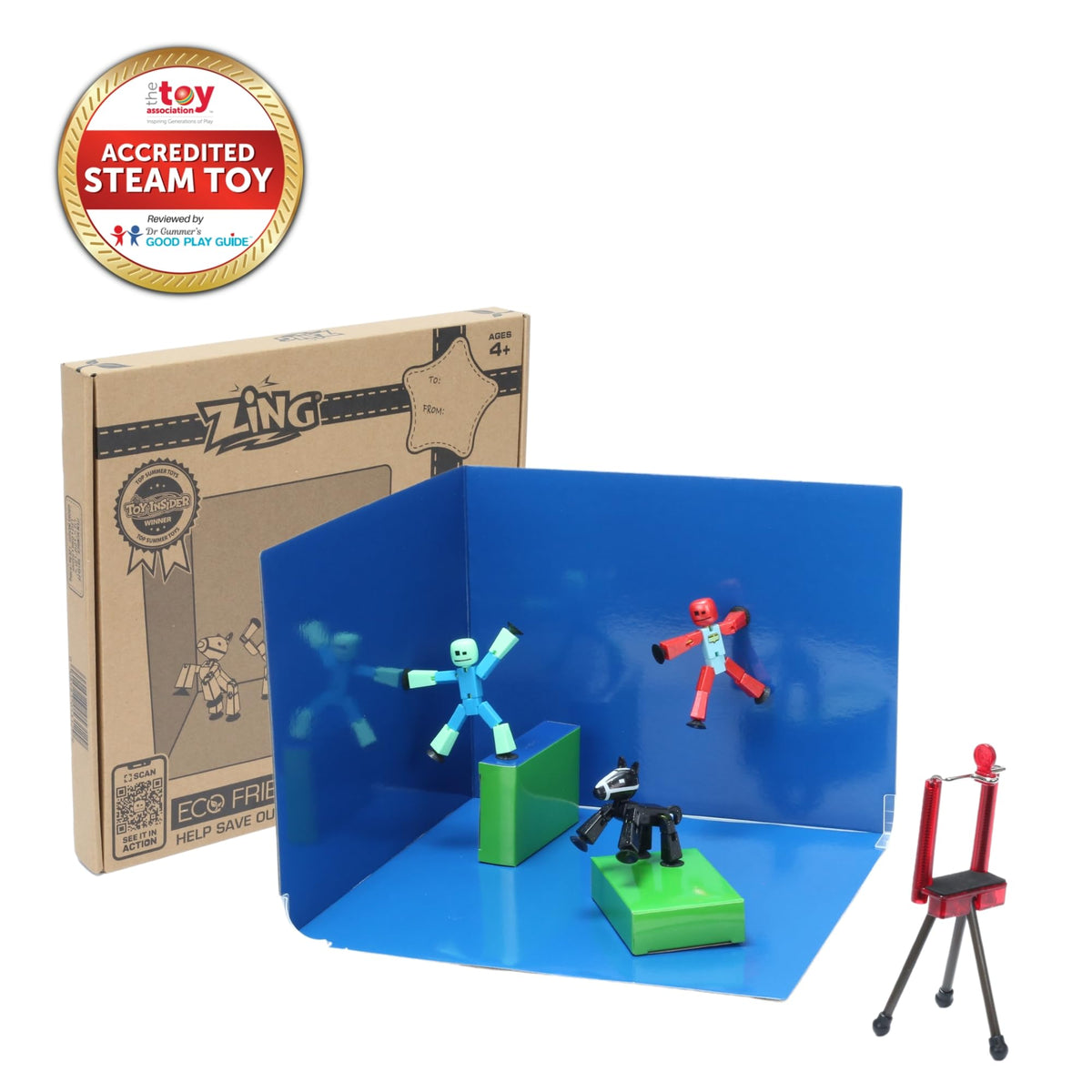 Zing Stikbot What the Bot figure promotes dynamic acting in kids' movies.