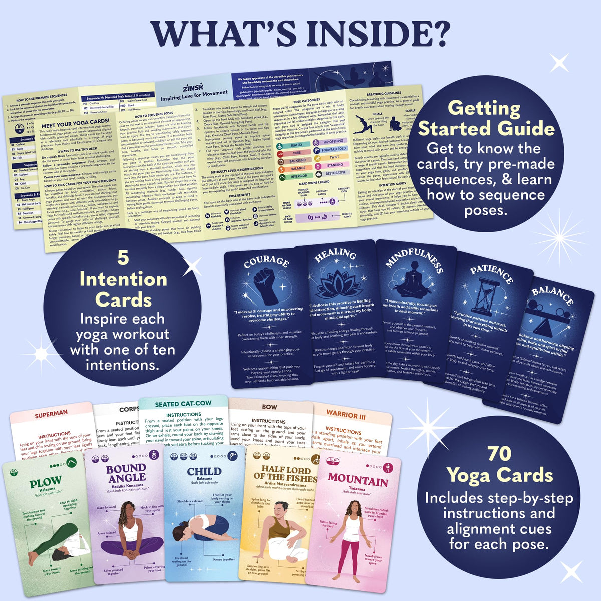 Zinsk 70 Yoga Cards beginner instructions support safer at-home practice.