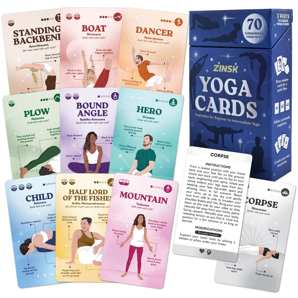 Zinsk 70 Yoga Cards front view pose deck for easy pose identification.