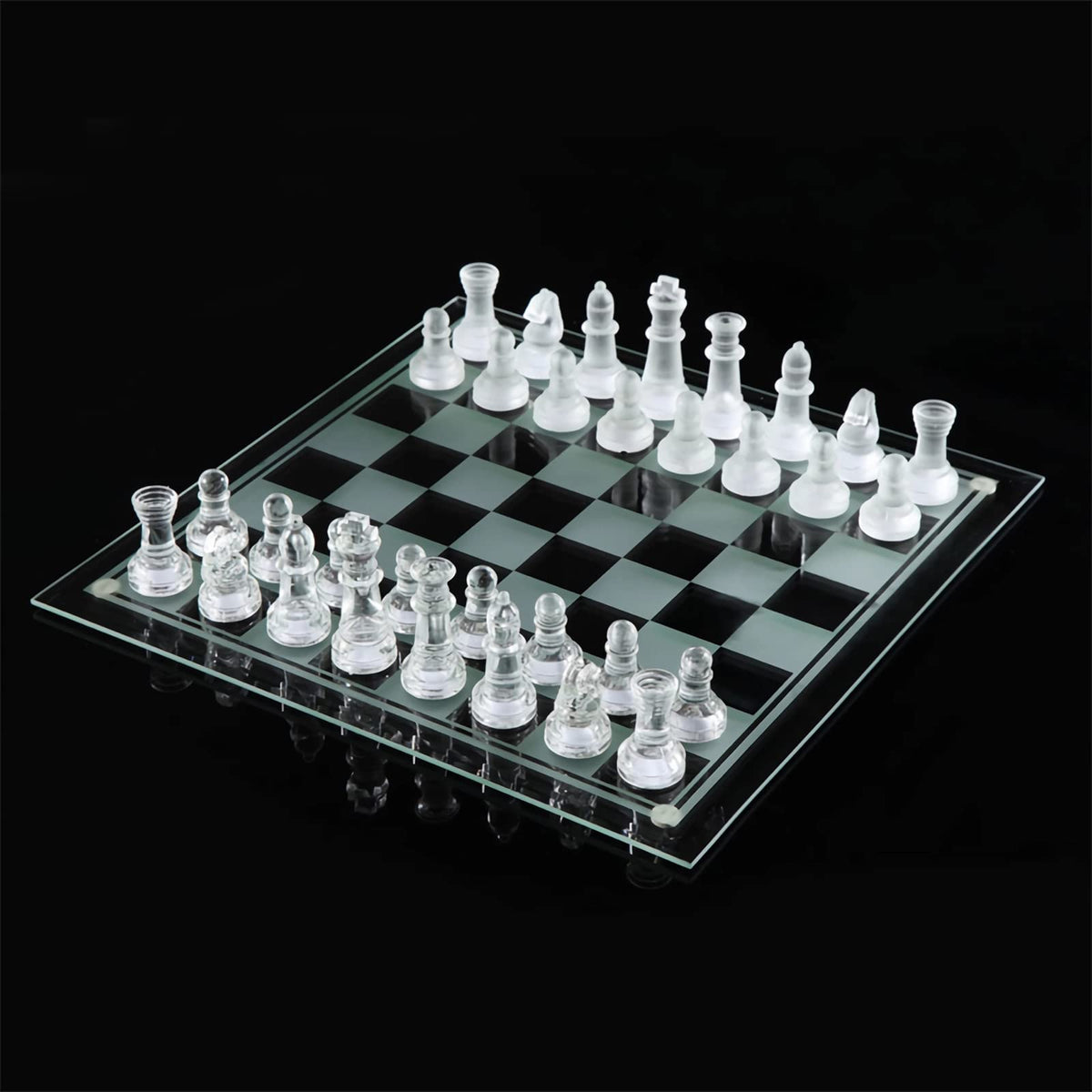 Ziphia Elegant 10-inch glass chess board with frosted and clear pieces for a striking centerpiece.