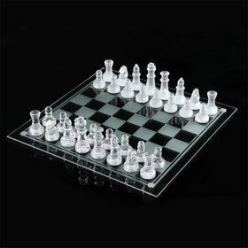 Ziphia Elegant 10-inch glass chess board with frosted and clear pieces for a striking centerpiece.