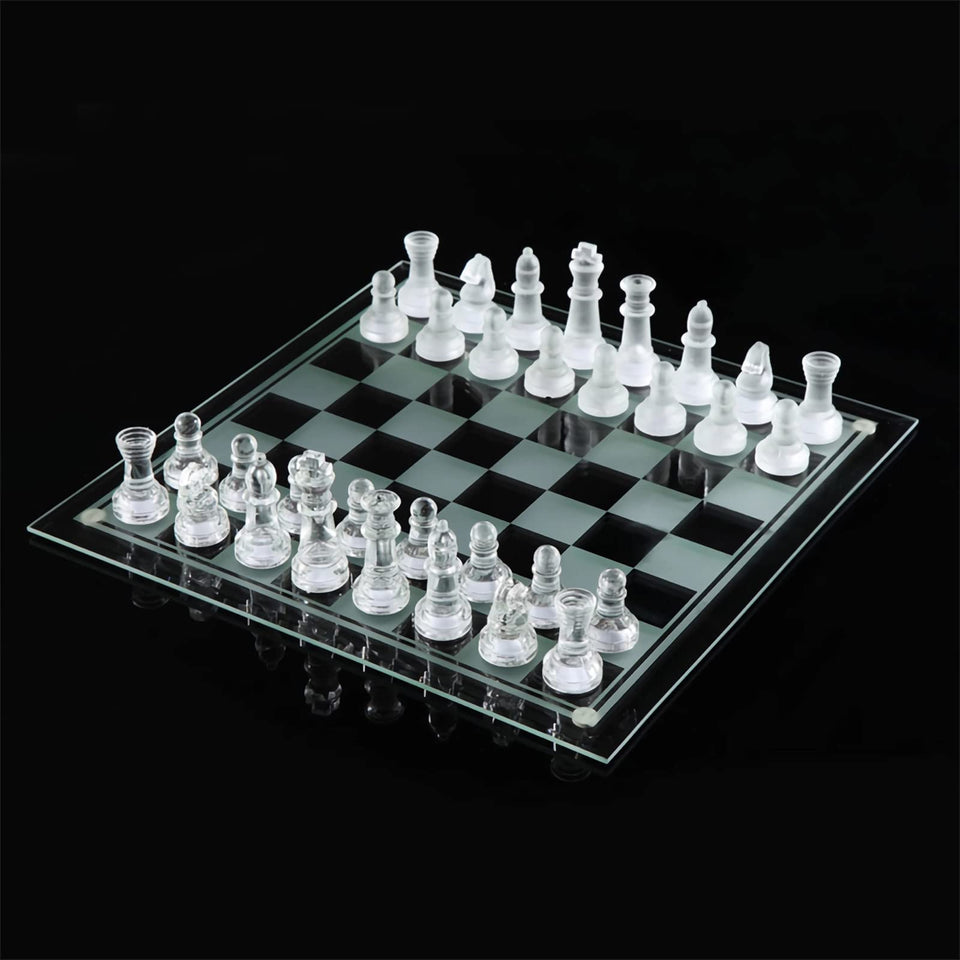 Ziphia Elegant 10-inch glass chess board with frosted and clear pieces for a striking centerpiece.
