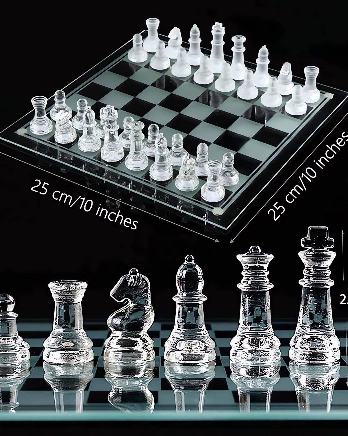 Ziphia glass chess pieces with soft felt bases for smooth moves and board protection.