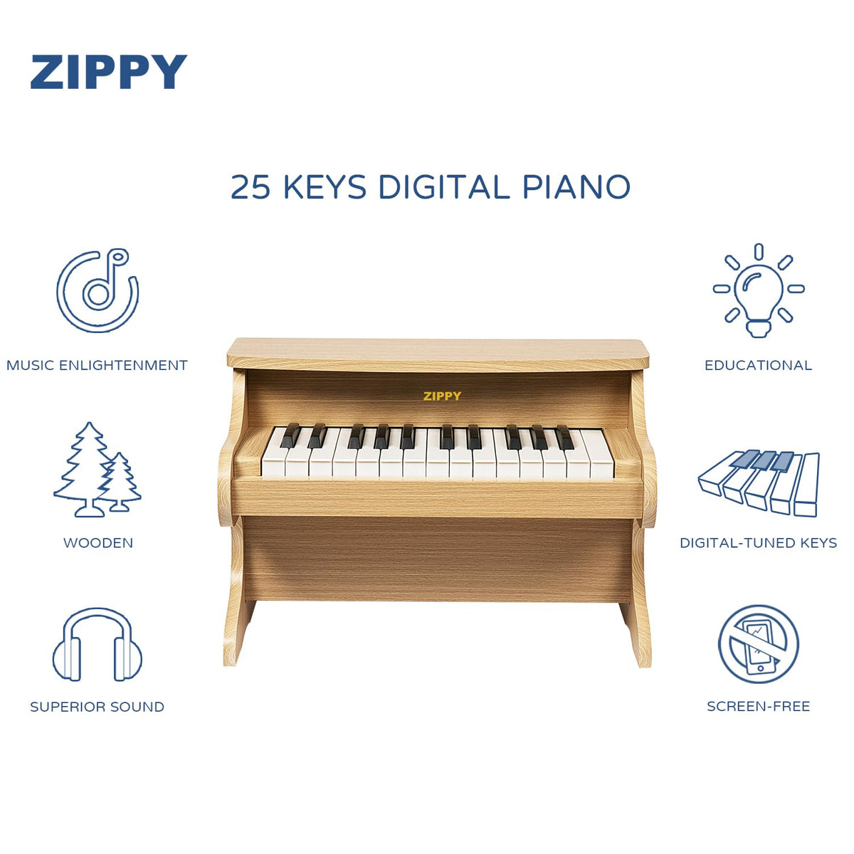 ZIPPY Kids Piano Keyboard wooden body close-up with oak finish