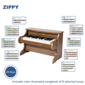 ZIPPY Walnut Kids Piano in a cozy room illustrating screen-free learning moments.