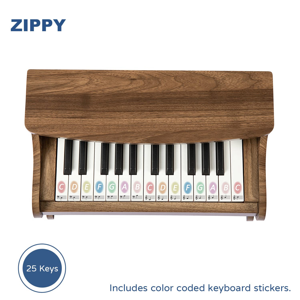 ZIPPY Walnut Kids Piano assembly guide view for easy setup and family fun.