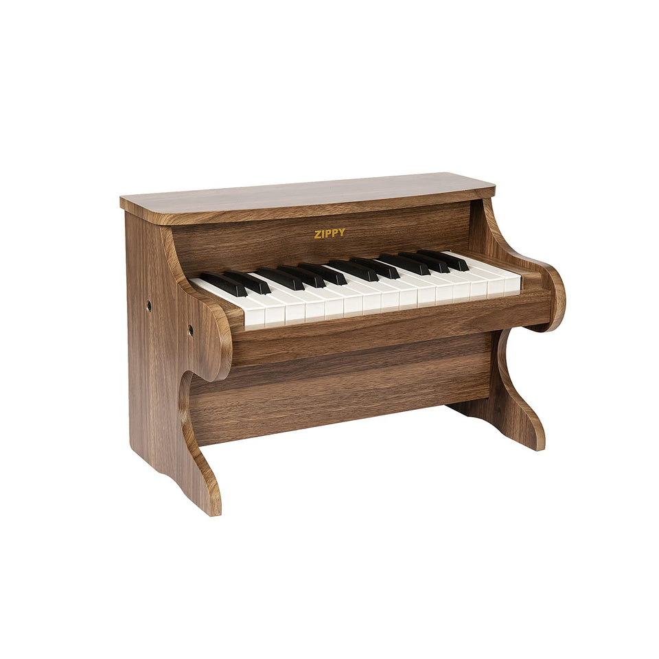 ZIPPY Walnut Kids Piano front view showing 25 keys for gentle musical exploration.