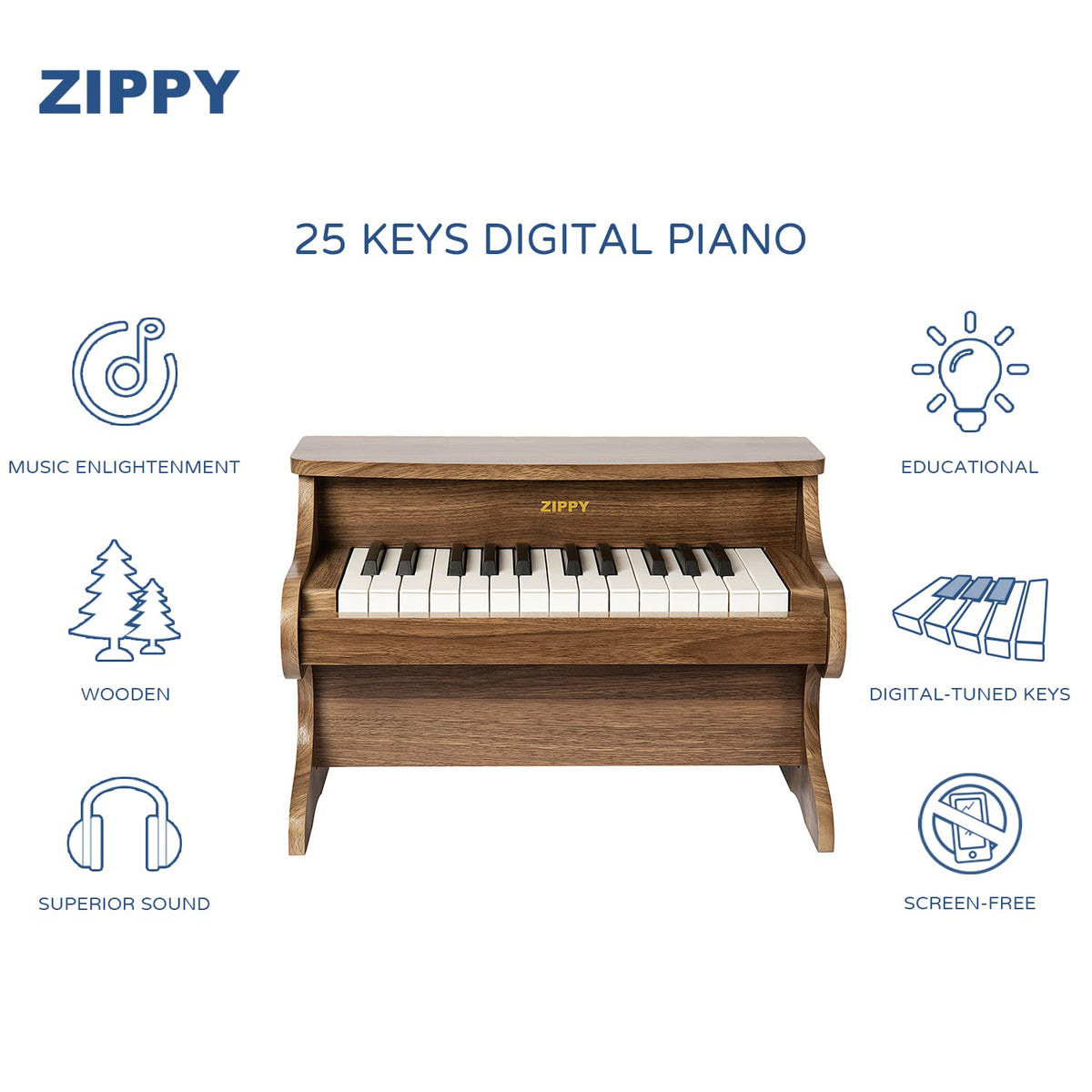 ZIPPY Walnut Kids Piano side angle highlighting sturdy MDF build and retro wood finish.