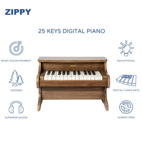 ZIPPY Walnut Kids Piano side angle highlighting sturdy MDF build and retro wood finish.