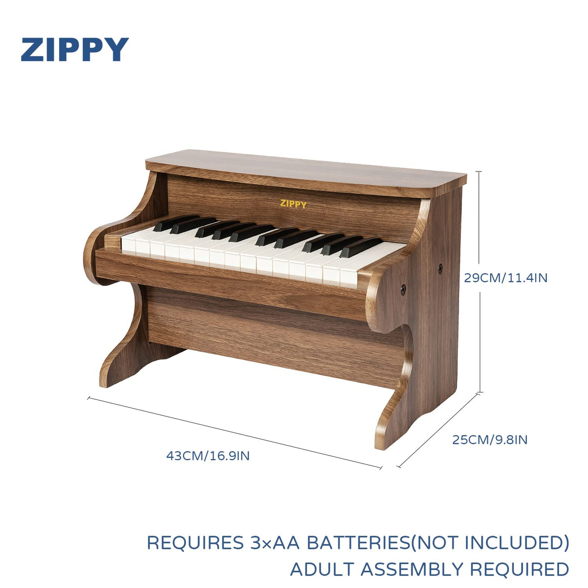 ZIPPY Walnut Kids Piano with songbook and stickers for interactive music play.