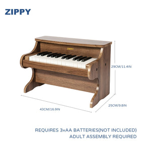 ZIPPY Walnut Kids Piano with songbook and stickers for interactive music play.