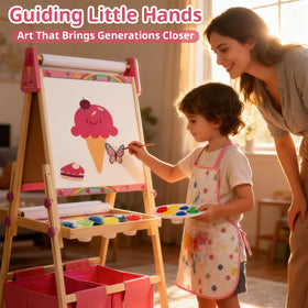 ZippyZebra Kids easel pink side view showing sturdy frame and storage