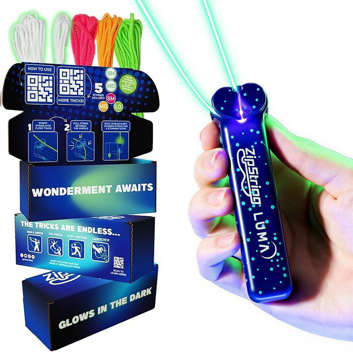 ZipString Luma glow-strings in action for night play and learning