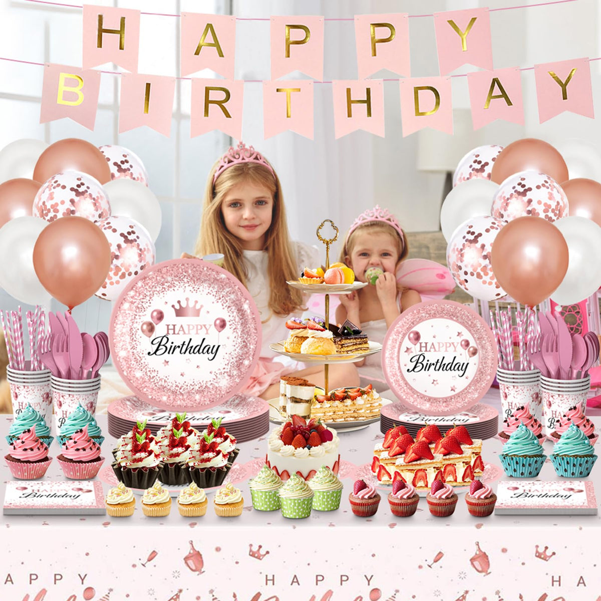 ZIRICHER banner, tablecloth, balloons add festive vibes to pink theme