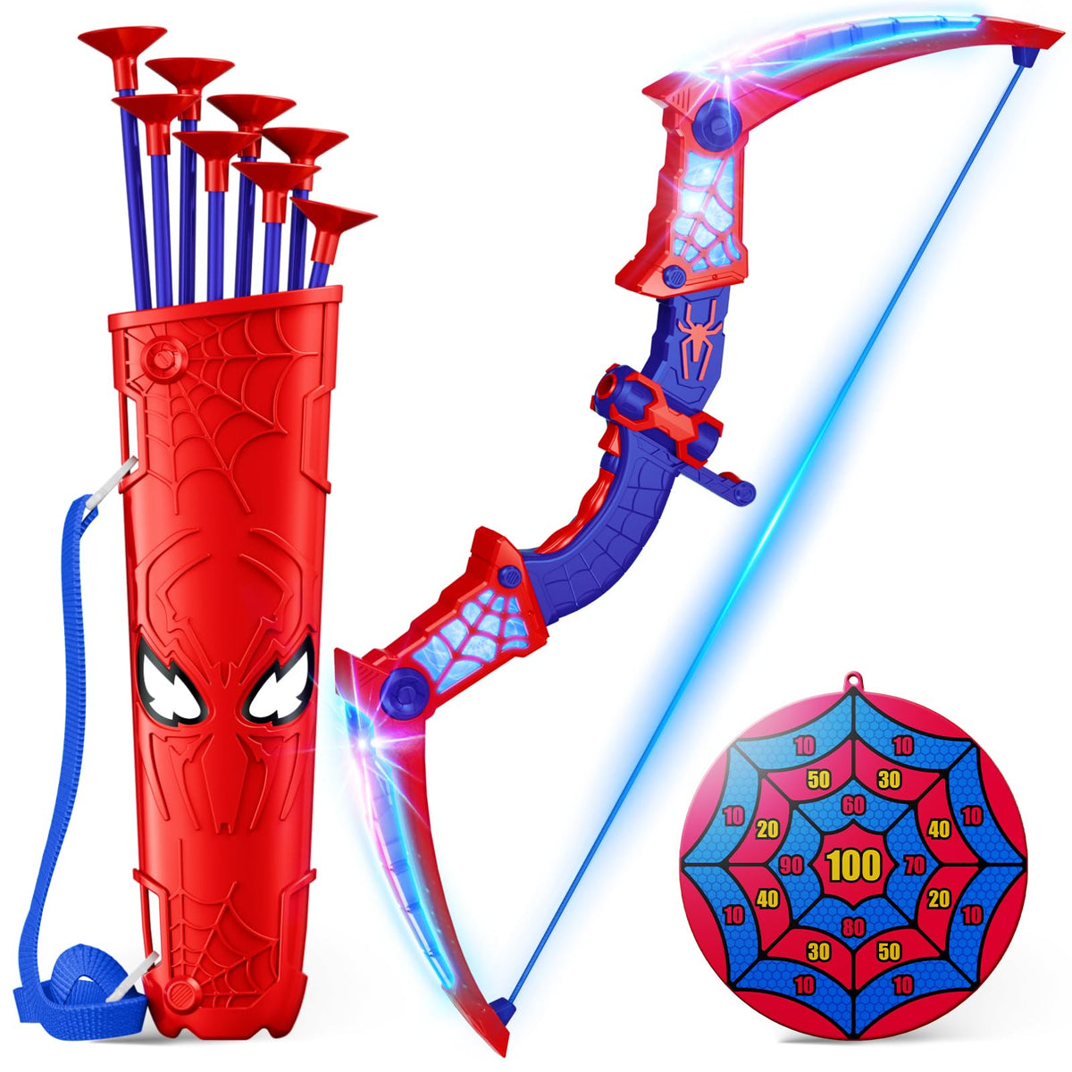 ZIROKAY Spider bow and arrow set with red and blue LED lights for night play.