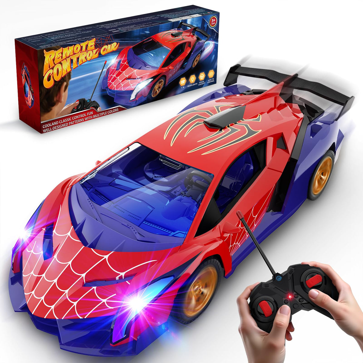 ZIROKAY Spider RC car front view with multicolor headlights for indoor thrills