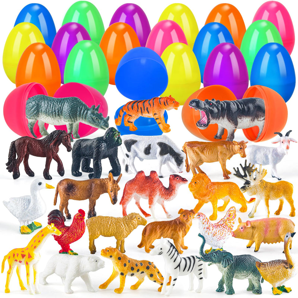 ZIRSENG 24-pcs prefilled Easter eggs with animal figurines; ideal for exciting Easter basket surprises.