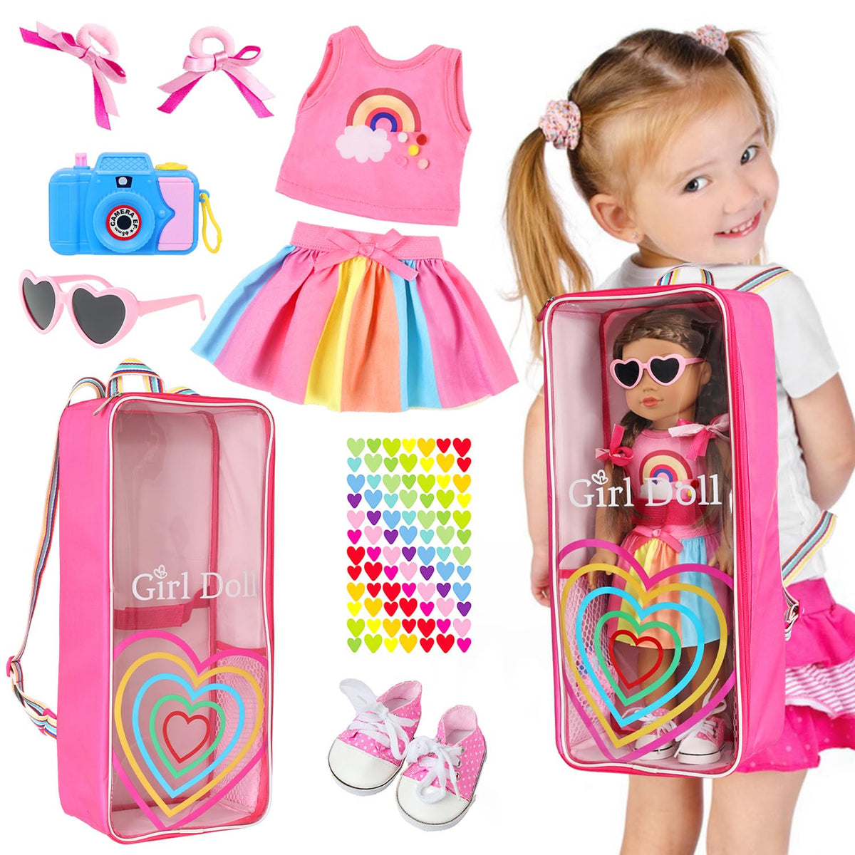 ZITA ELEMENT 18-inch doll carrier backpack with rainbow heart design for stylish storage.