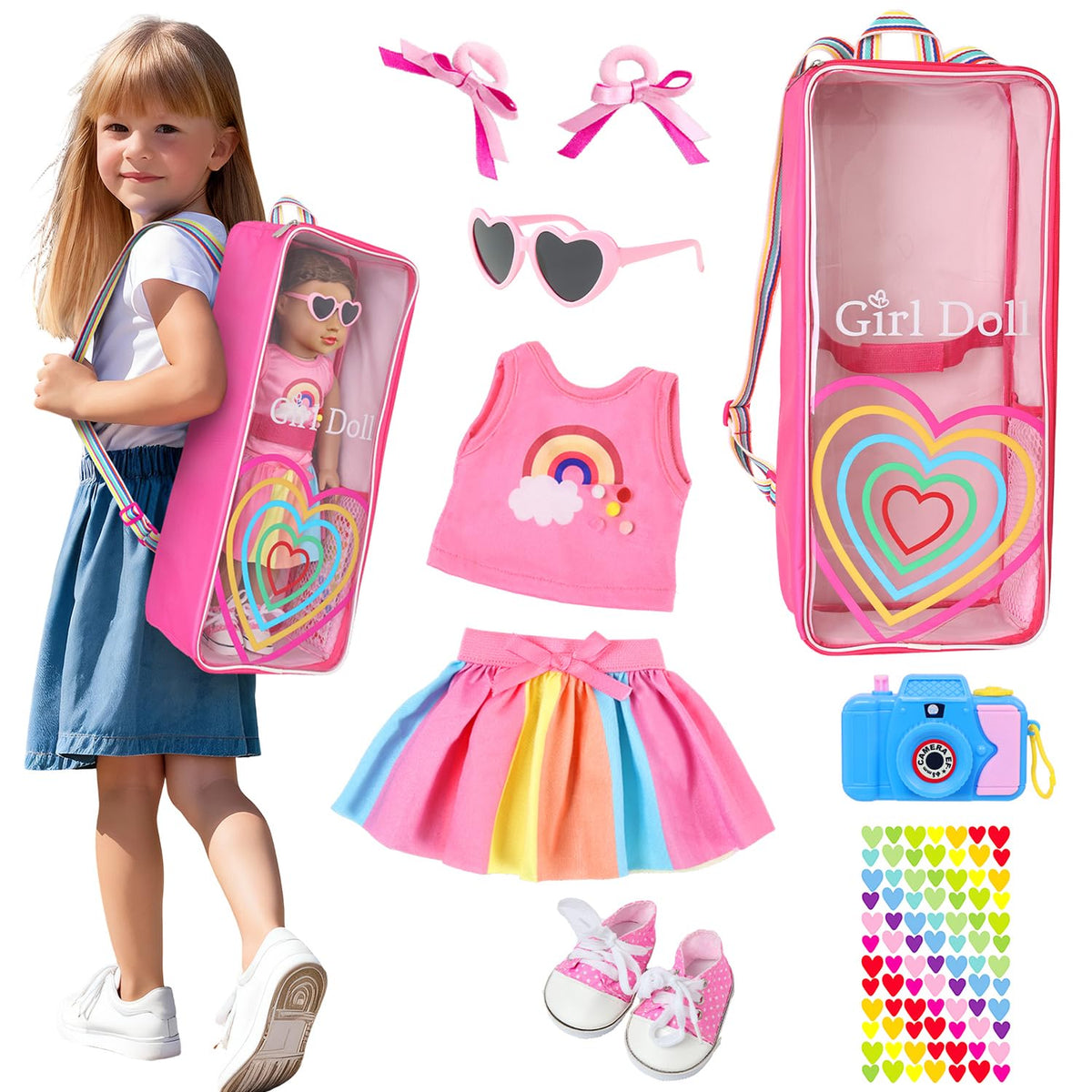 Pink toy camera and heart stickers inspire pretend photography and personalization.
