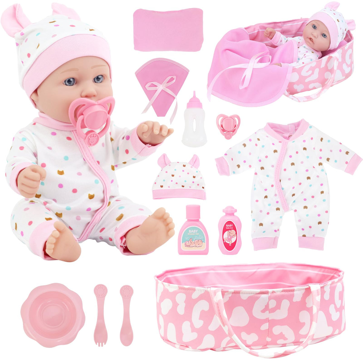 ZITA ELEMENT 12-inch baby doll with sleeping basket enables gentle nurturing play.