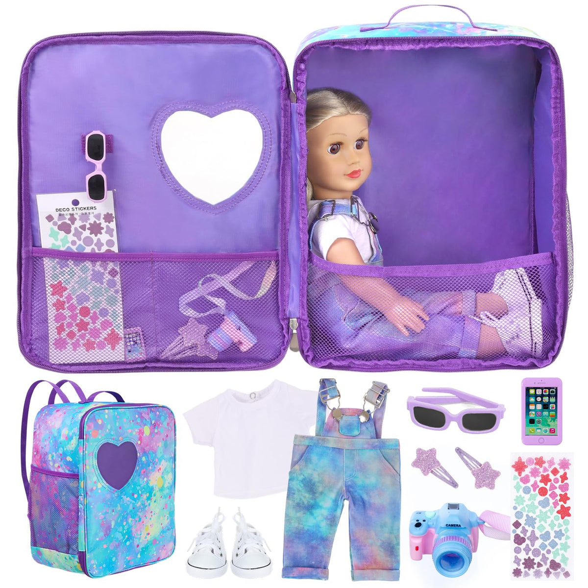 ZITA ELEMENT 18 inch doll carrier backpack in blue purple tie-dye for stylish doll travel