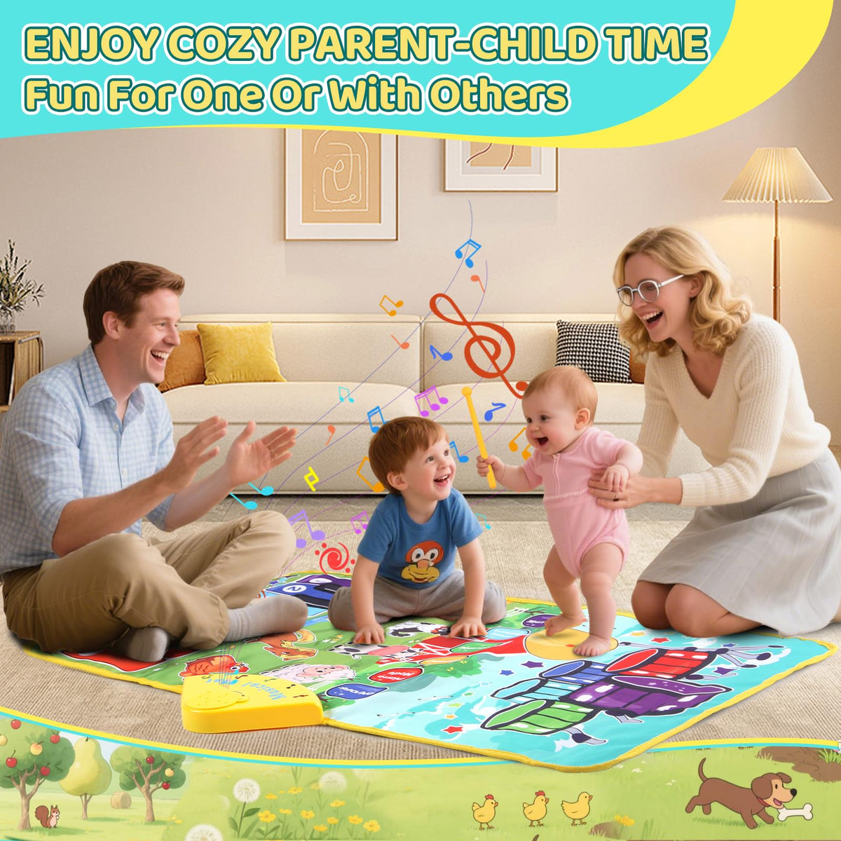 Farm-illustrations across the surface invite visual learning and storytelling.