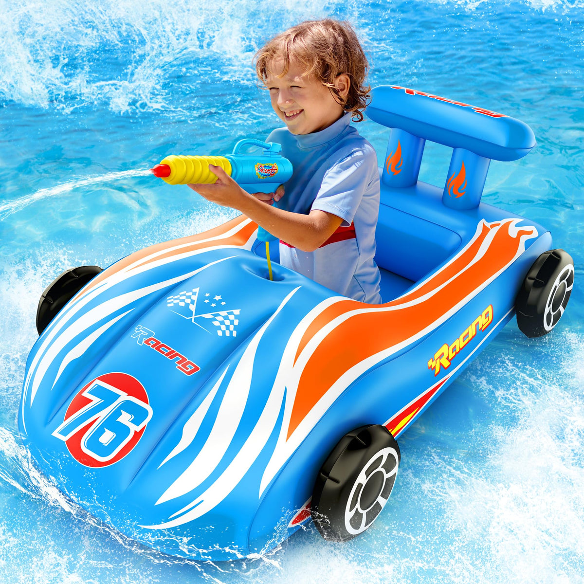 ZIZZ water gun race car pool float for kids 4-8, enhances pool playtime.
