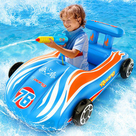 ZIZZ water gun race car pool float for kids 4-8, enhances pool playtime.