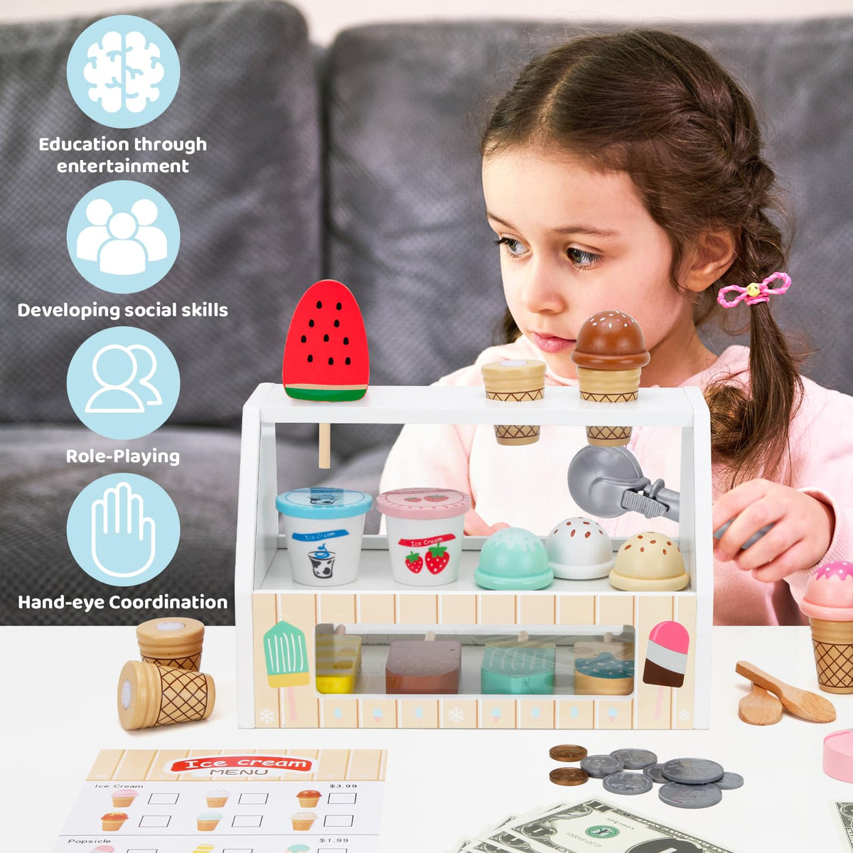 ZJEFUNS wooden menu and notes — supports storytelling and turn-taking during pretend shop.