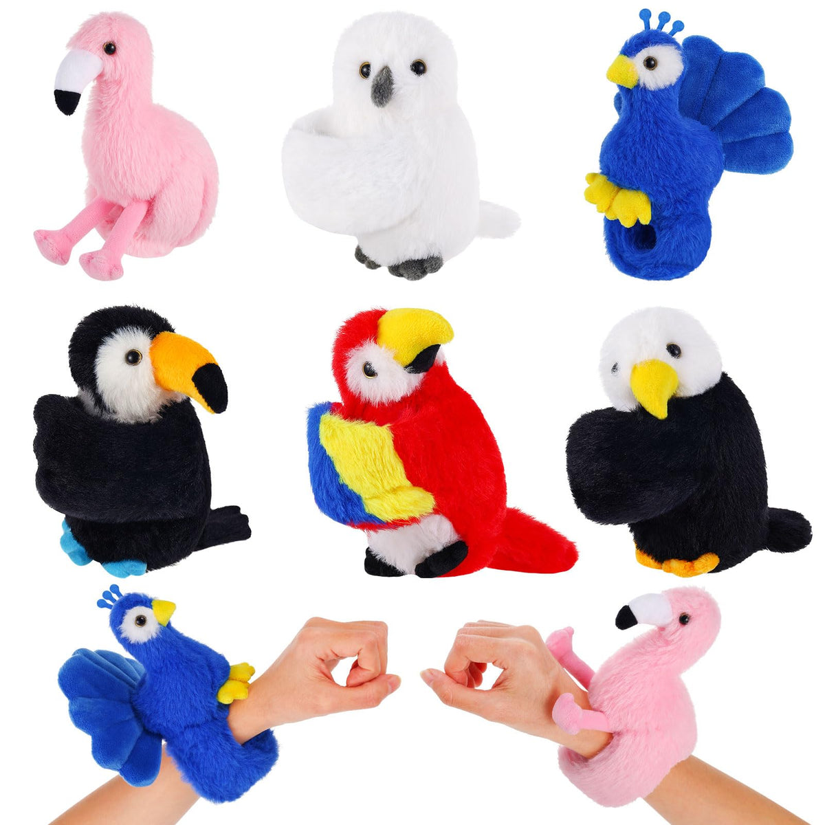 ZJoey 6 Pcs Bird Slap Bracelets set displays six plush birds for imaginative play.