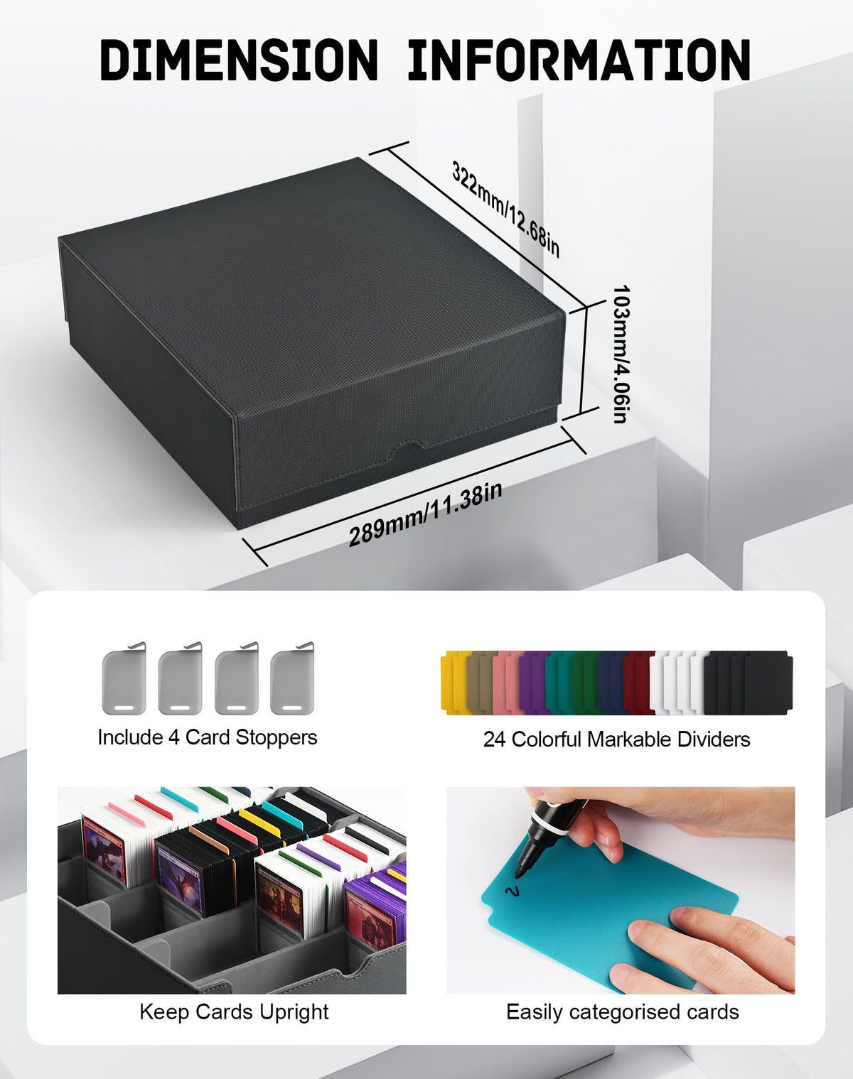 ZLCA deck box showing 24 colored dividers for easy sorting.