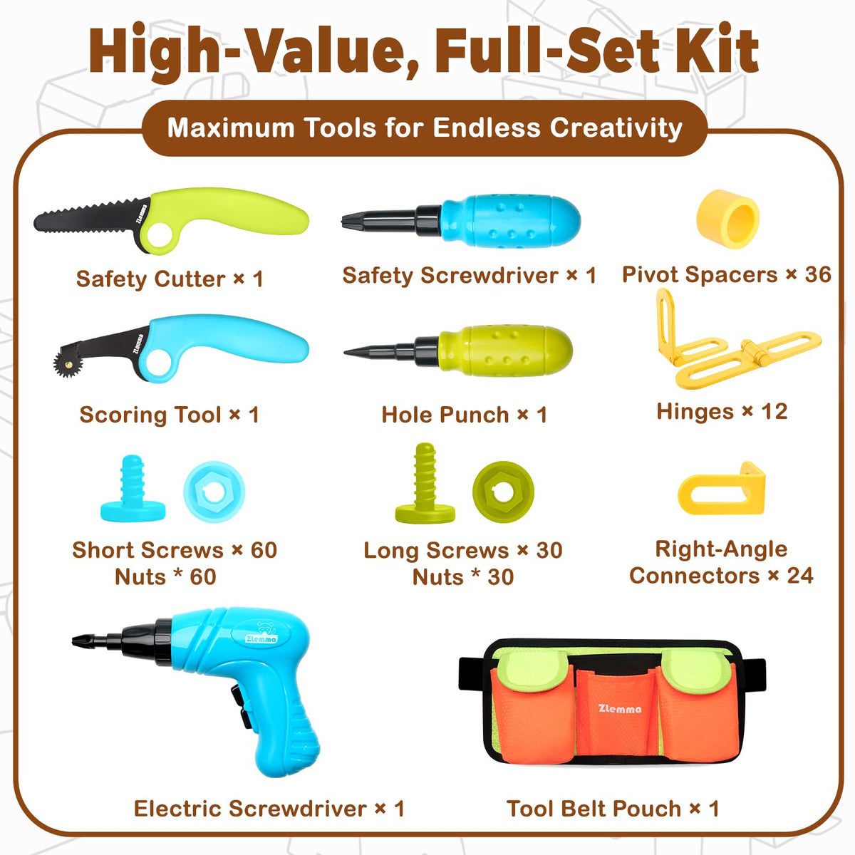 ZLemma 258-piece building set with screws and hinges enables movable models