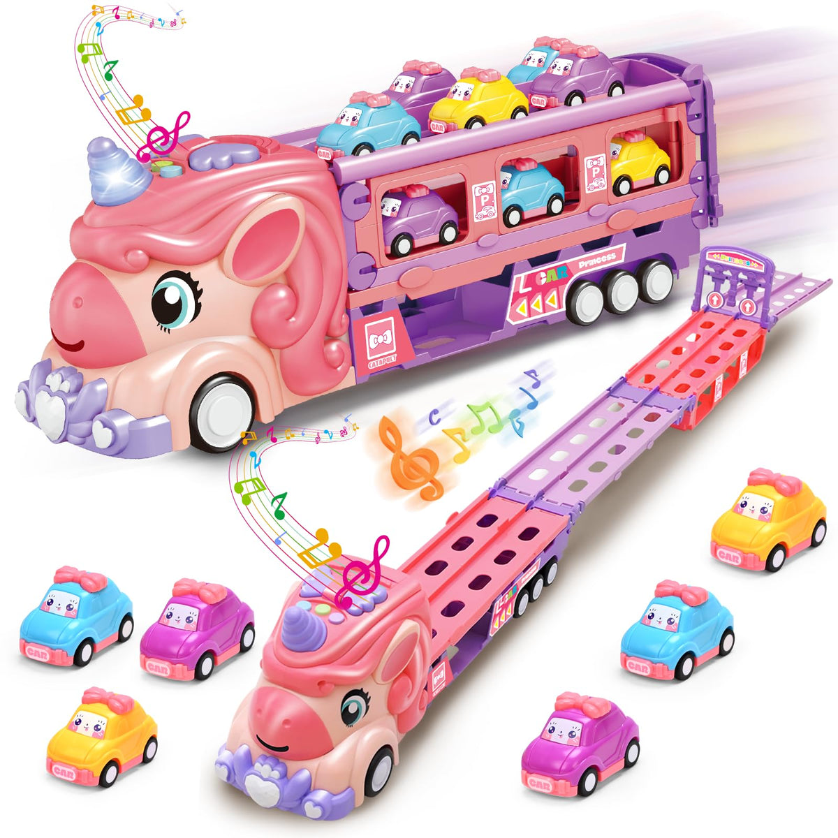 Zlreswer 2-in-1 race track and transport truck for ages 3–7, ready for two-player racing.